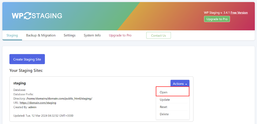 Liste des sites de WP Staging, mettant en évidence l'option d'accès à un site de test