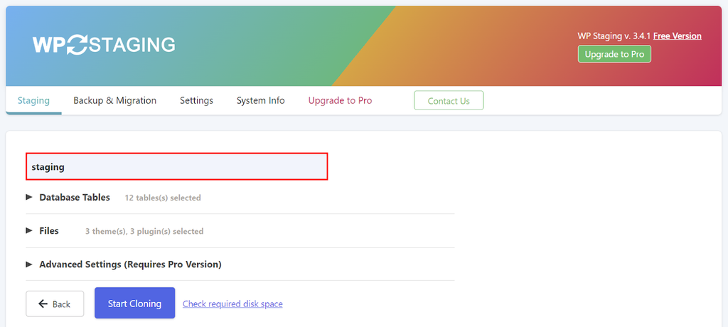 Création d'un site de staging sur WP Staging, mise en évidence du champ pour entrer le nom du site