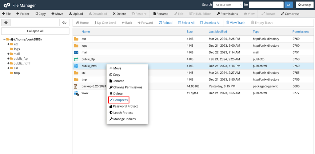 Gestionnaire de fichiers de cPanel mettant en &eacute;vidence l'option de compression pour le dossier public_html