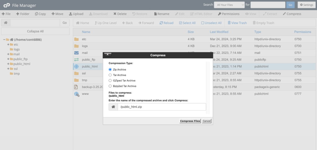 Type de compression pour le dossier public_html