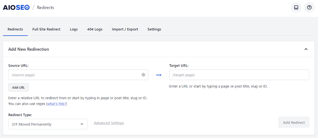 La fonctionnalité Redirections de AIOSEO dans le tableau de bord de WordPress