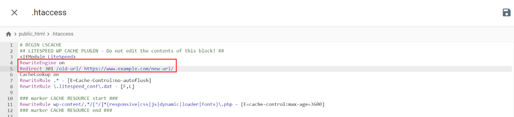 Le fichier .htaccess sur le répertoire racine de WordPress avec le code de redirection surligné en rouge