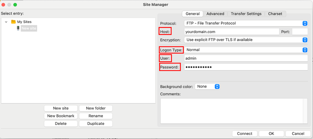 Options de configuration du nouveau site sur Filezilla
