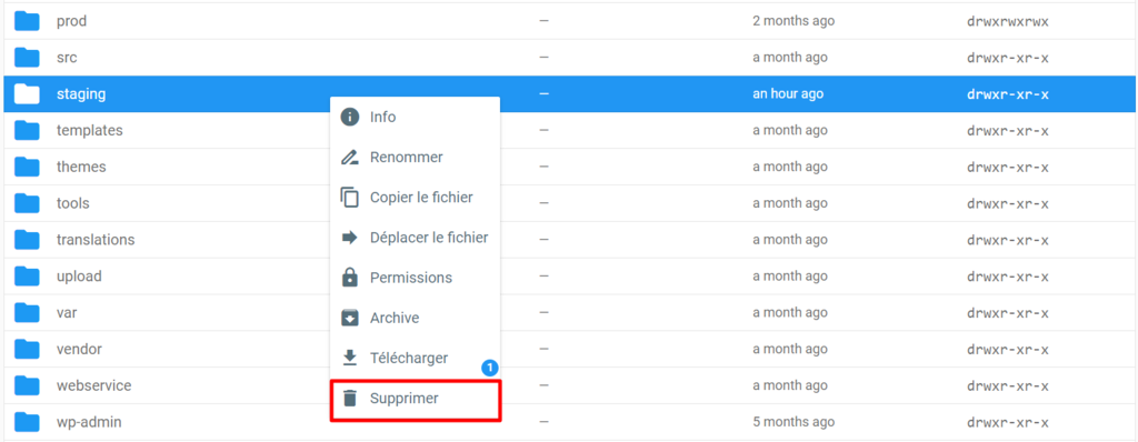 Gestionnaire de fichiers Hostinger, mise en évidence de l'option de suppression d'un dossier
