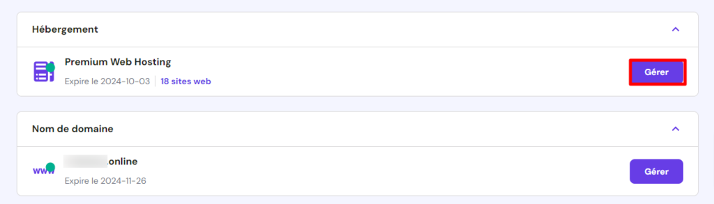 Tableau de bord hPanel