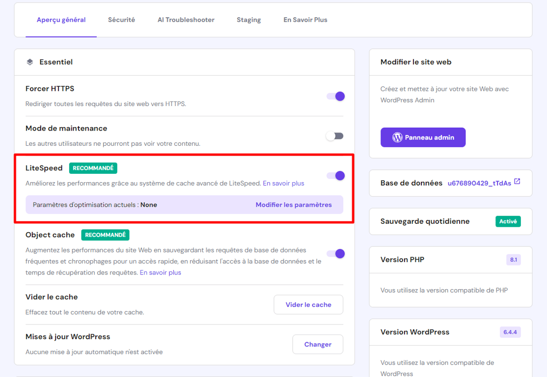 Option LiteSpeed activée sur hPanel