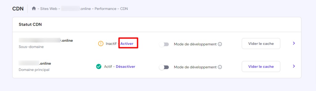La zone CDN d'Hostinger. Le bouton Activer pr&egrave;s d'un domaine est mis en &eacute;vidence