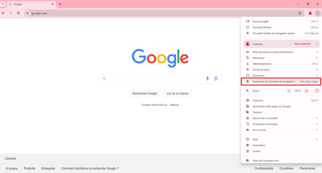 Effacer les donn&eacute;es de navigation s&eacute;lectionn&eacute;e dans le menu des param&egrave;tres