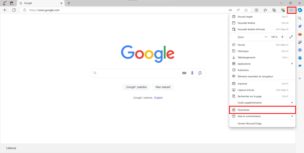 Le menu du navigateur Microsoft Edge est &eacute;largi et les param&egrave;tres sont mis en &eacute;vidence