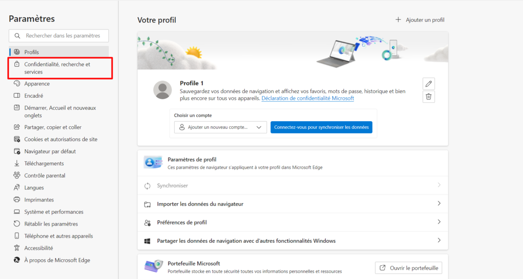 Page des paramètres de Microsoft Edge avec mise en évidence de confidentialité, recherche et services