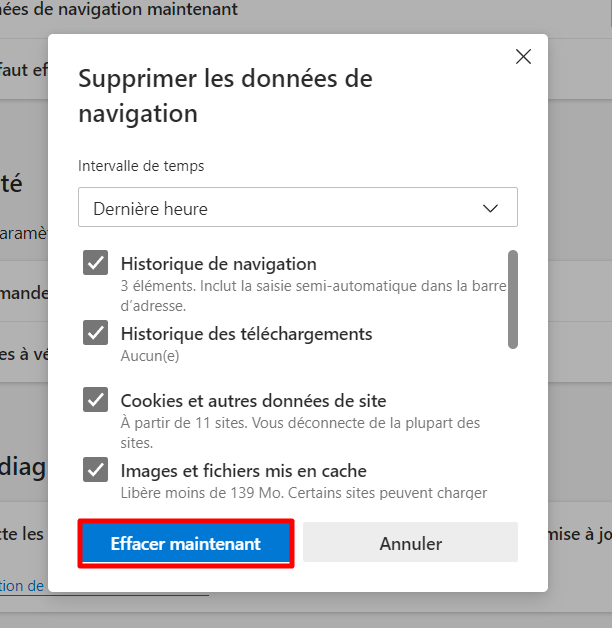 Bouton "Effacer maintenant" en surbrillance
