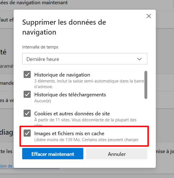 Fenêtre contextuelle "Supprimer les données de navigation" avec la section des images et des fichiers mis en cache en surbrillance
