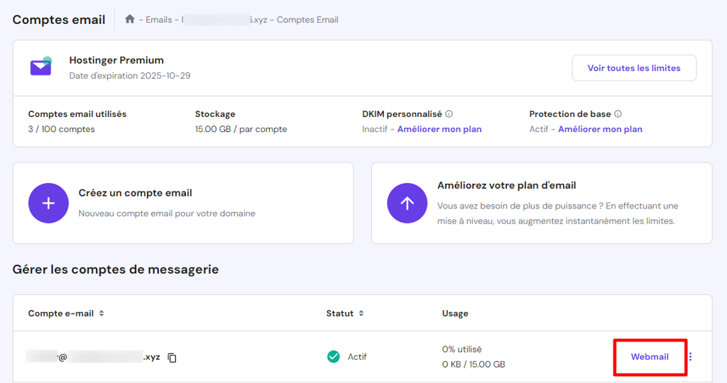 Acc&eacute;der &agrave; Hostinger Webmail &agrave; partir du hPanel