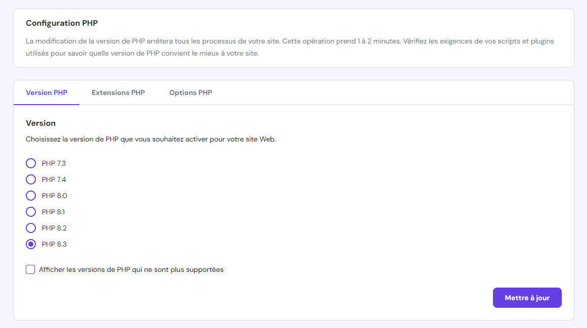 Choisir et activer une version de PHP sur hPanel