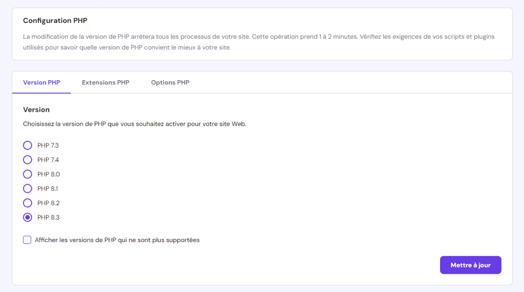 Choisir et activer une version de PHP sur hPanel