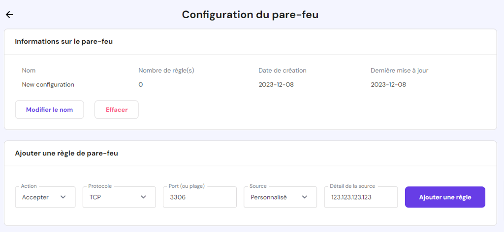 Configurer une nouvelle r&egrave;gle de pare-feu dans hPanel