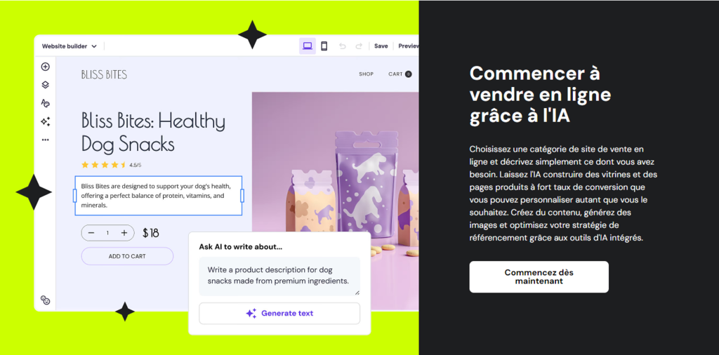 Page d'accueil du cr&eacute;ateur de site web Hostinger