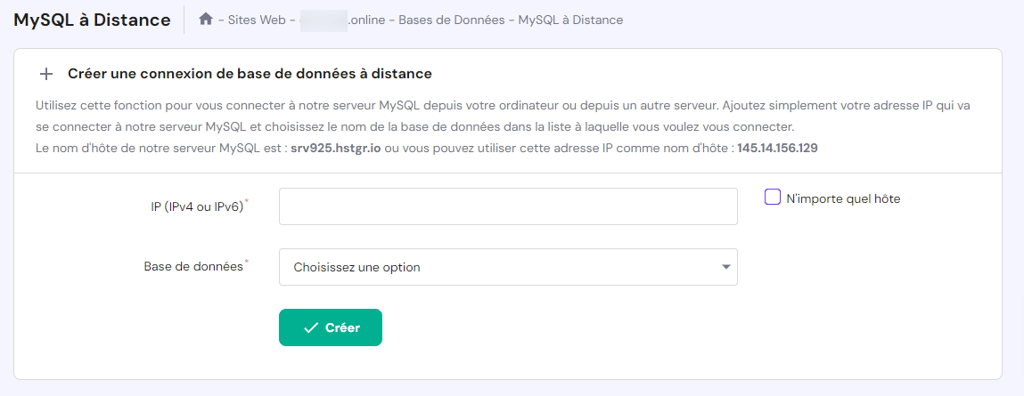Le formulaire pour cr&eacute;er une nouvelle connexion &agrave; la base de donn&eacute;es MySQL sur hPanel