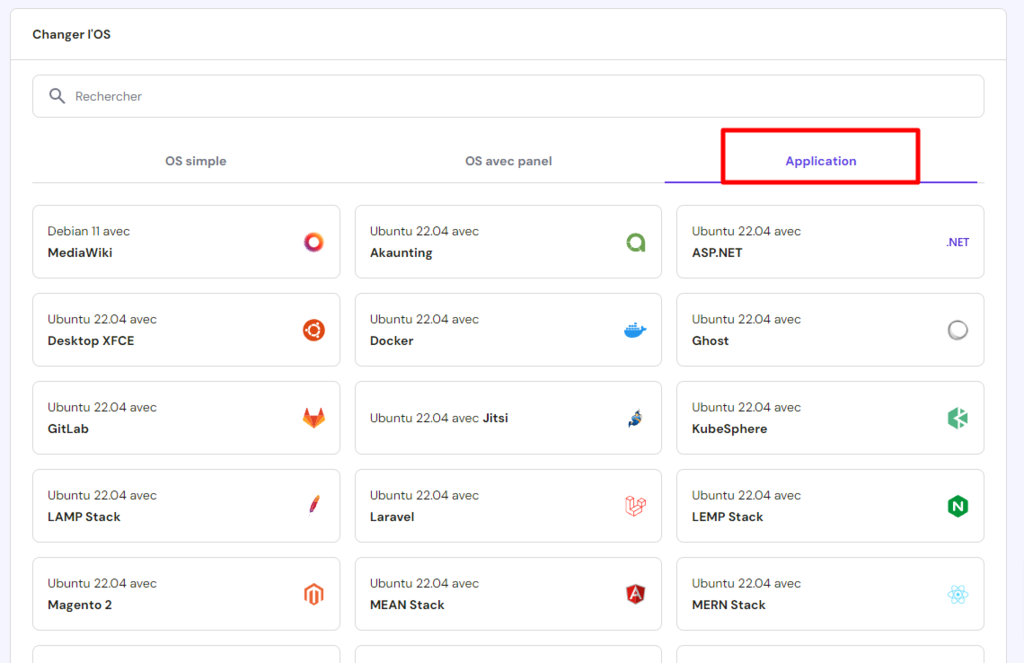S&eacute;lection du mod&egrave;le Ubuntu 22.04 64bit avec Strapi dans le VPS de hPanel