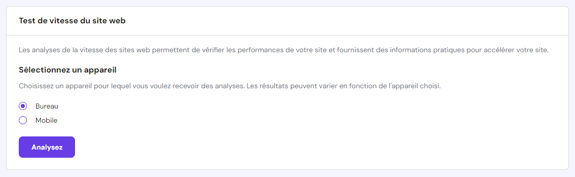 Sélection d'un appareil pour le test de vitesse du site web sur hPanel
