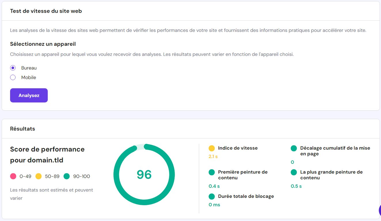 L'interface de test de vitesse des pages sur hPanel.