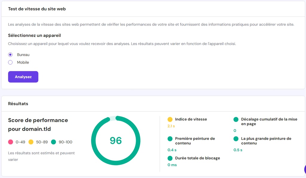 mauvais-exemples-de-conception-de-sites L'interface de test de vitesse des pages sur hPanel.