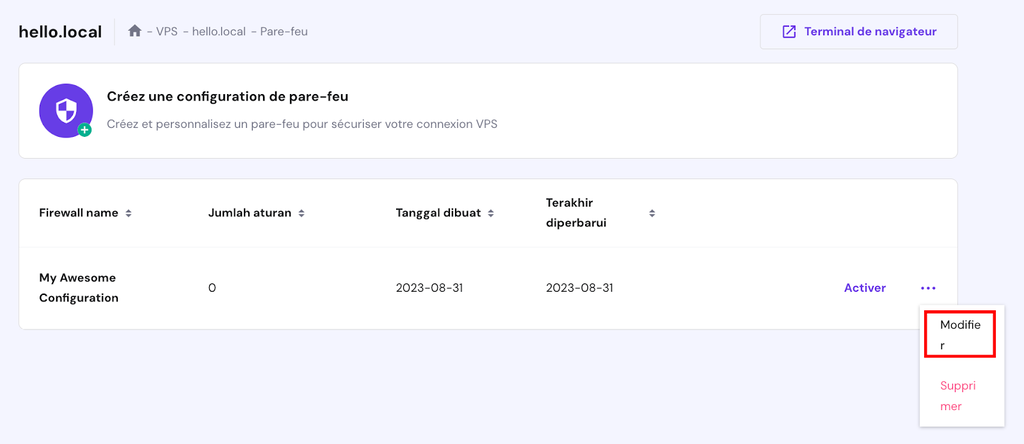 page-Pare-feu-sur-hPanel La page Pare-feu sur hPanel. Le bouton Modifier est en surbrillance