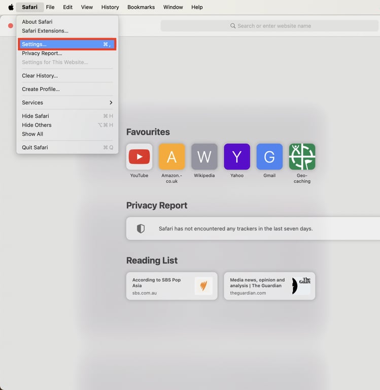 Navigateur Safari avec les paramètres en surbrillance