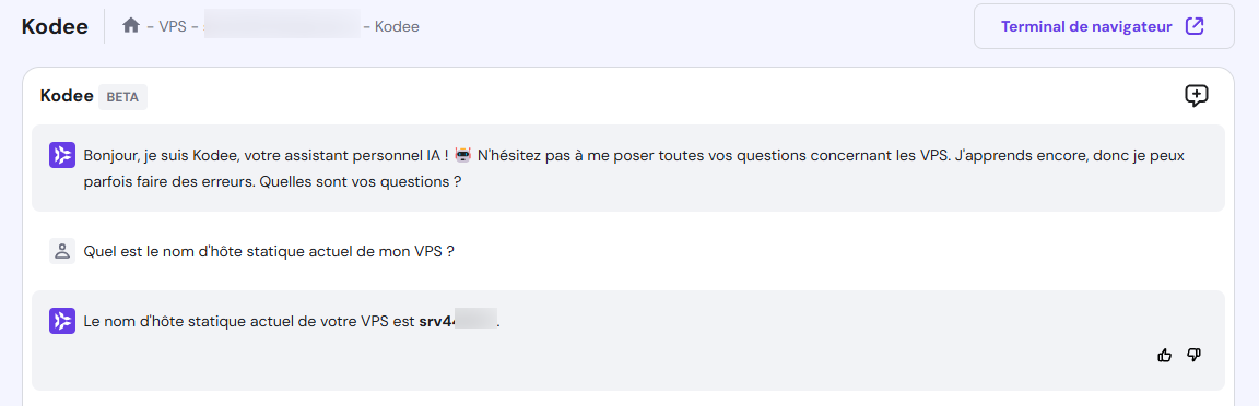 Kodee affiche le nom d'hôte VPS actuel