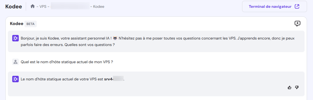 Kodee affiche le nom d'h&ocirc;te VPS actuel