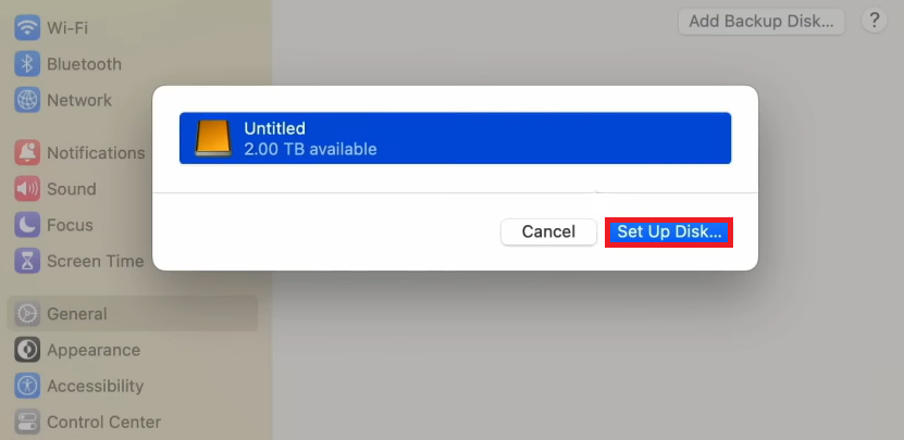 Sélection d'un disque externe dans Time Machine sur Mac