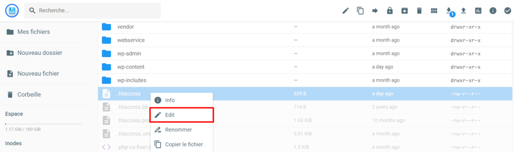 Le r&eacute;pertoire public_html sur hPanel avec l'option Edit en surbrillance