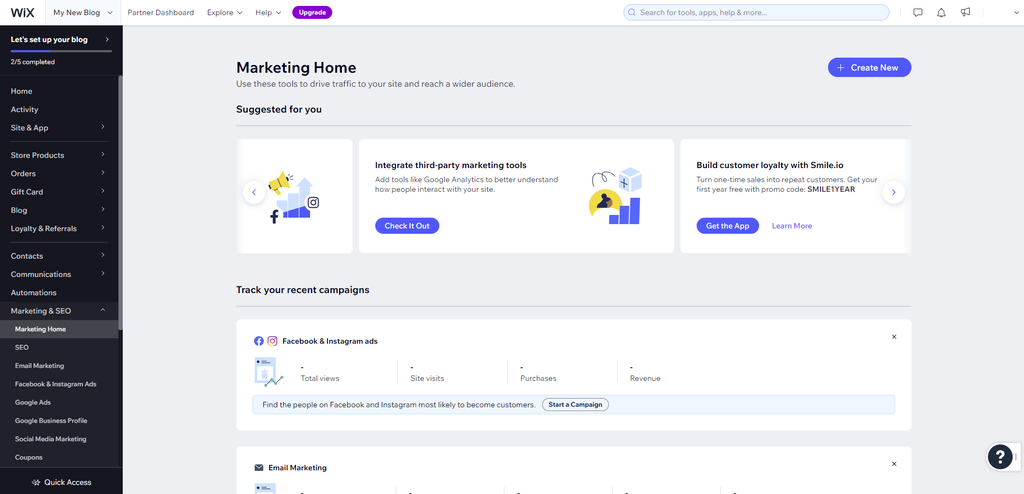 La section marketing et SEO du tableau de bord Wix