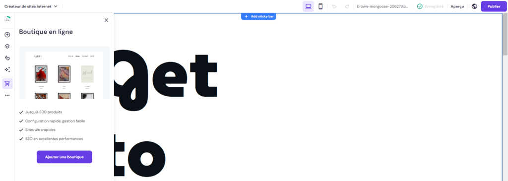 L'interface du cr&eacute;ateur de site Web Hostinger avec l'onglet Boutique en ligne ouvert 