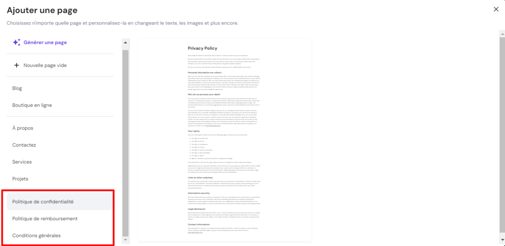 La section pour ajouter des pages dans le Cr&eacute;ateur de site Web Hostinger avec les pages l&eacute;gales surlign&eacute;es en rouge