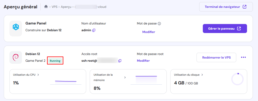 V&eacute;rifier l'&eacute;tat du serveur dans l'onglet d'information VPS de hPanel