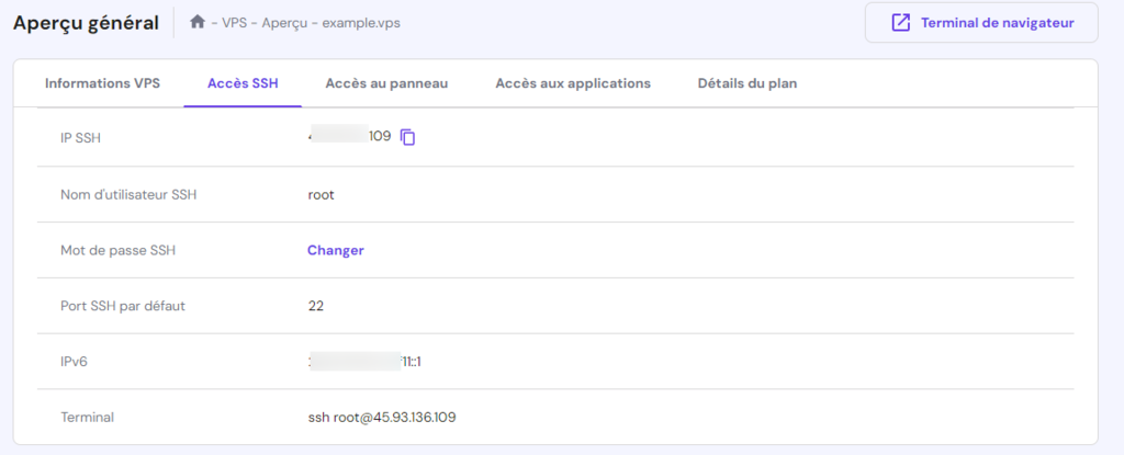 Trouver les identifiants SSH dans l'onglet Accès SSH du tableau de bord VPS de hPanel