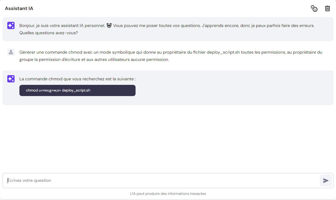 L'assistant IA de Hostinger VPS fournit à l'utilisateur une commande chmod pour sa tâche