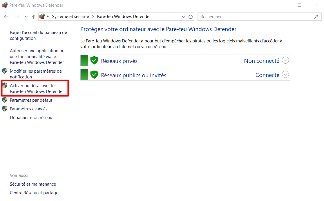 Section Pare-feu Windows Defender, mettant en évidence l'option permettant de l'activer ou de le désactiver