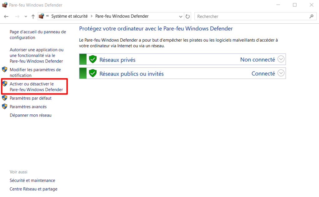 Section Pare-feu Windows Defender, mettant en évidence l'option permettant de l'activer ou de le désactiver