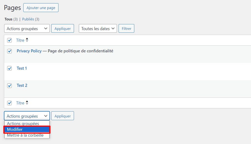 Le menu Modifier dans le menu d&eacute;roulant des actions group&eacute;es de WordPress 
