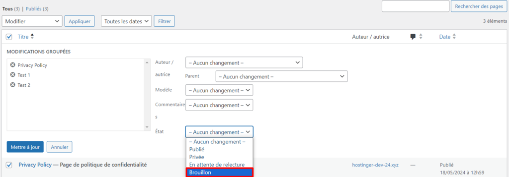 L'&eacute;tat Brouillon est mis en &eacute;vidence dans l'interface des actions group&eacute;es de WordPress. 