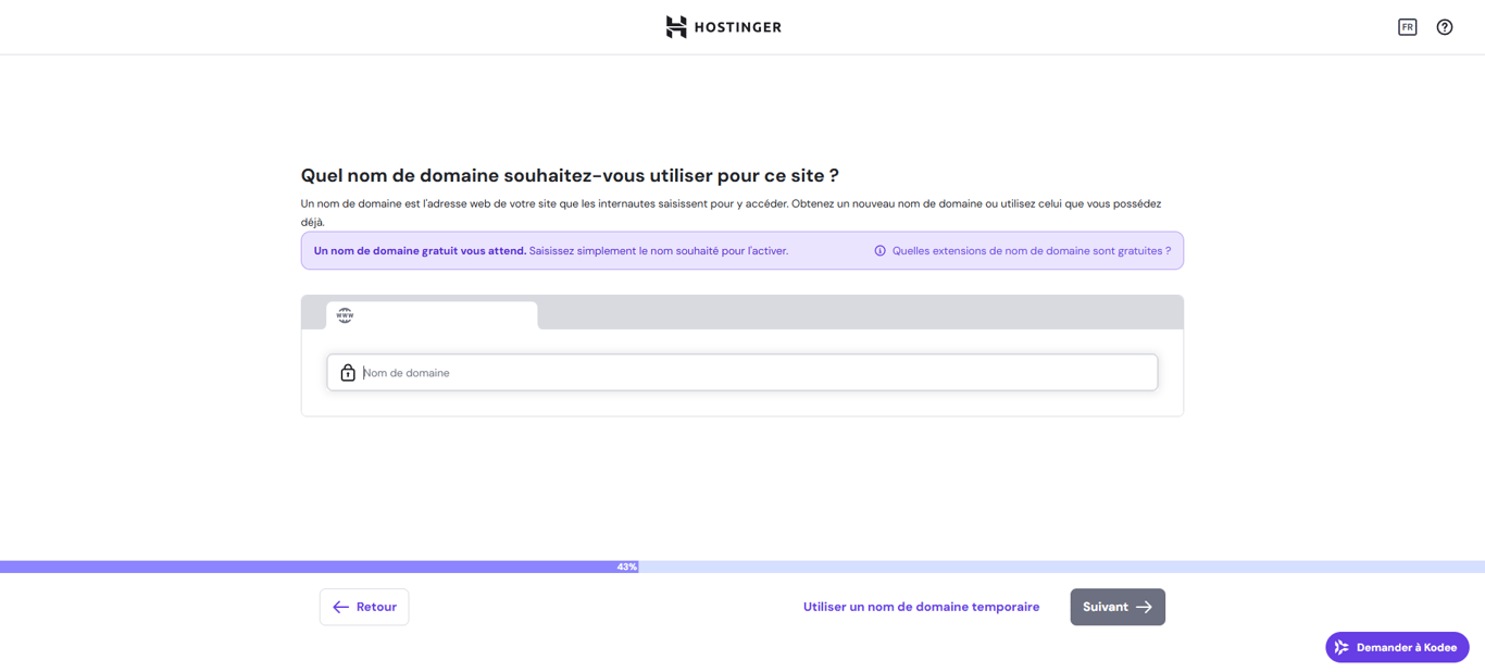 Interface de sélection de domaine dans les étapes de migration de site web sur le hPanel de Hostinger