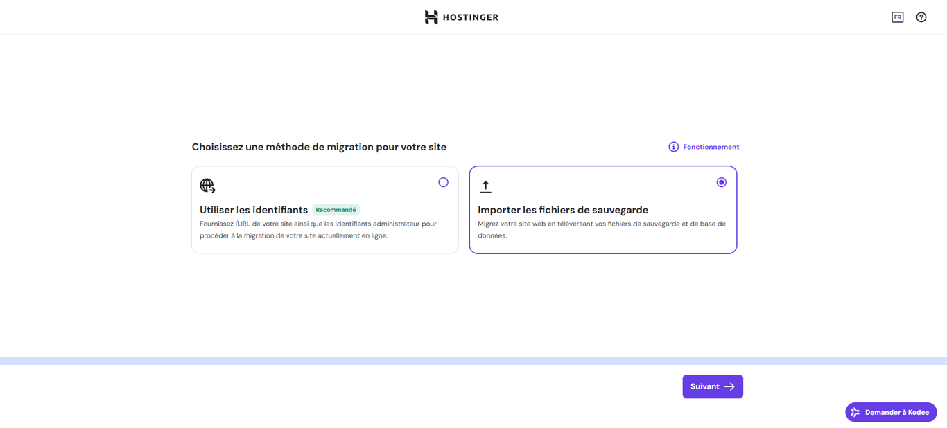 Processus de migration de Hostinger, en soulignant l'option d'effectuer le processus à l'aide d'un fichier de sauvegarde