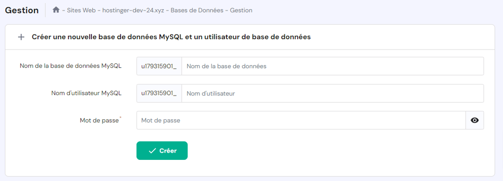 Section de création de base de données dans hPanel