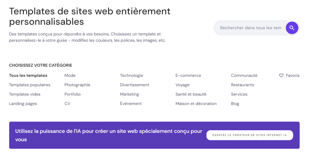 La page de s&eacute;lection des templates du Cr&eacute;ateur de site Web Hostinger