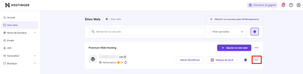 Le menu &agrave; trois points du menu du site web de hPanel mis en &eacute;vidence.