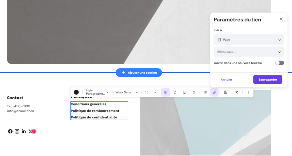 La zone du pied de page dans le Cr&eacute;ateur de site Web Hostinger montrant comment ajouter des liens vers les pages l&eacute;gales 