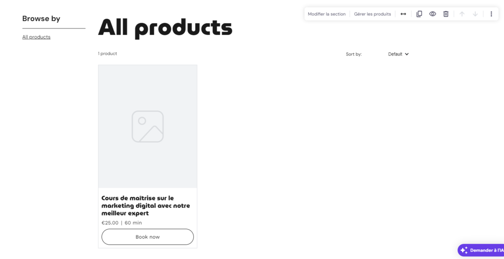 La page Produit dans le Cr&eacute;ateur de site Web Hostinger