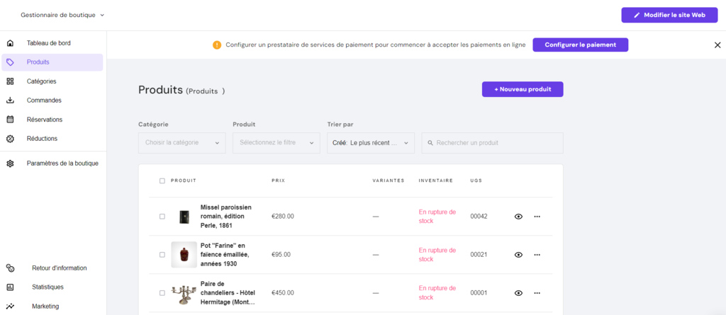Fonction de gestion de l'inventaire du créateur de site web Hostinger